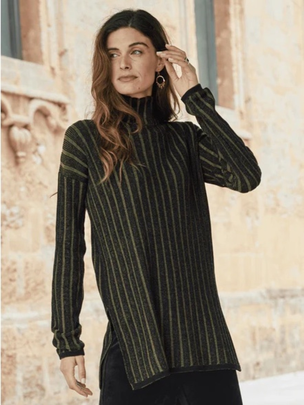 Peruvian Connection Black & Green Striped Ribbed Turtleneck